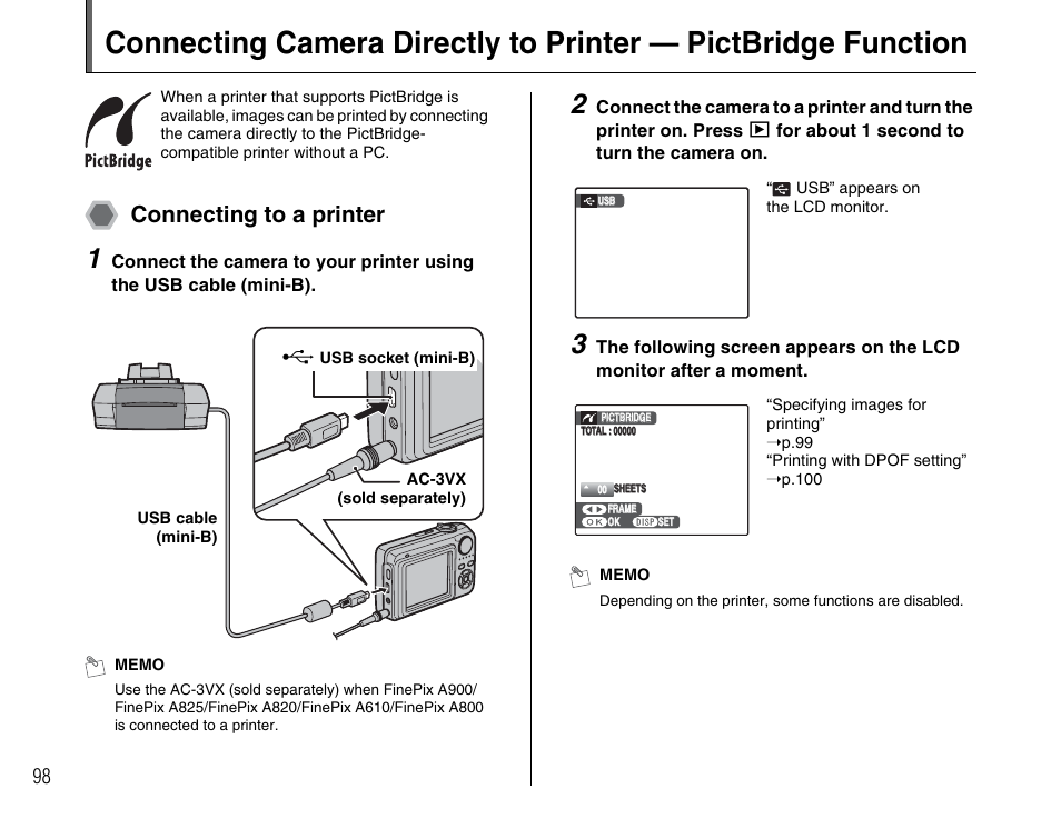 Connecting to a printer | FujiFilm FinePix A900 User Manual | Page 98 / 164