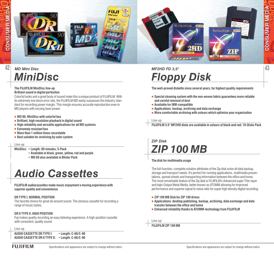 Minidisc, Audio cassettes, Zip 100 mb | Floppy disk | FujiFilm AVR-4802 User Manual | Page 22 / 29