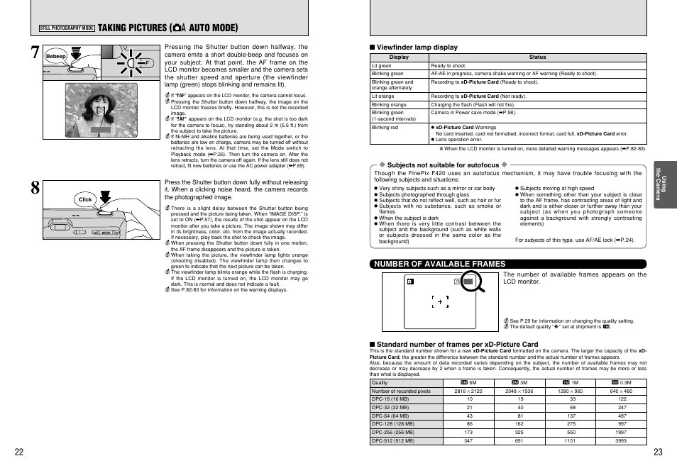 Taking pictures ( a auto mode) | FujiFilm FinePix 420 User Manual | Page 12 / 47