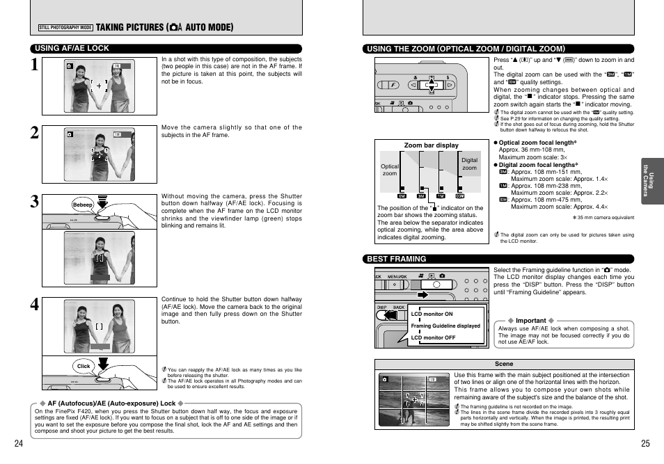 Taking pictures ( a auto mode) | FujiFilm FinePix 420 User Manual | Page 13 / 47