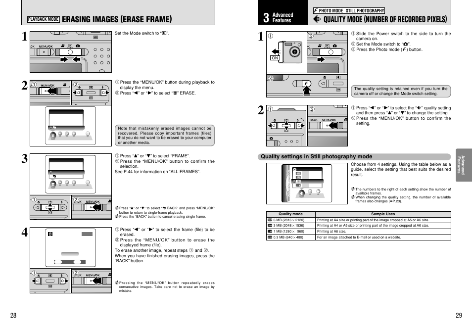 Y quality mode (number of recorded pixels), Erasing images (erase frame) | FujiFilm FinePix 420 User Manual | Page 15 / 47