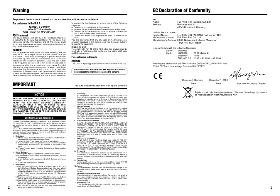 Warning important, Ec declaration of conformity | FujiFilm FinePix 420 User Manual | Page 2 / 47