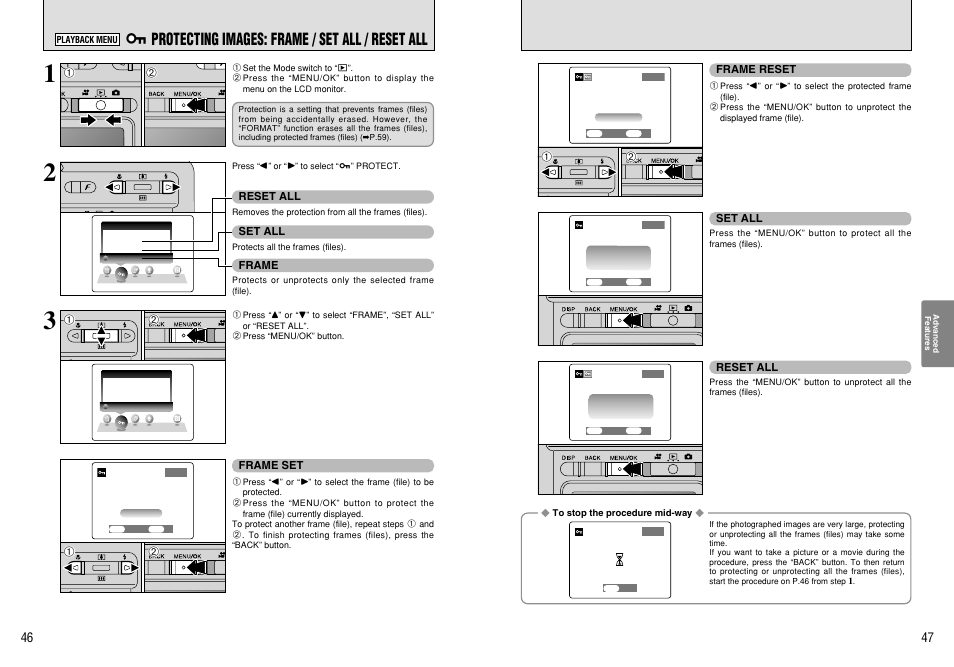 I protecting images: frame / set all / reset all | FujiFilm FinePix 420 User Manual | Page 24 / 47