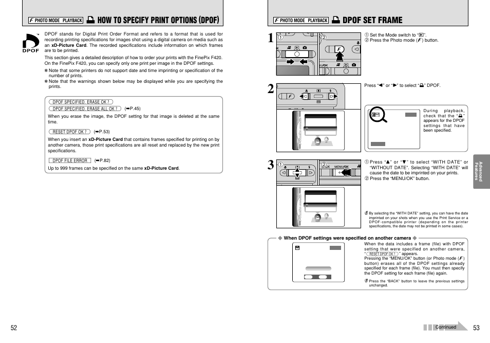 U dpof set frame, U how to specify print options (dpof) | FujiFilm FinePix 420 User Manual | Page 27 / 47