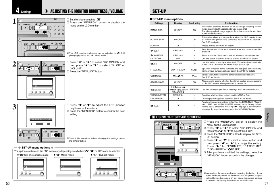 Set-up, 6 adjusting the monitor brightness / volume | FujiFilm FinePix 420 User Manual | Page 29 / 47