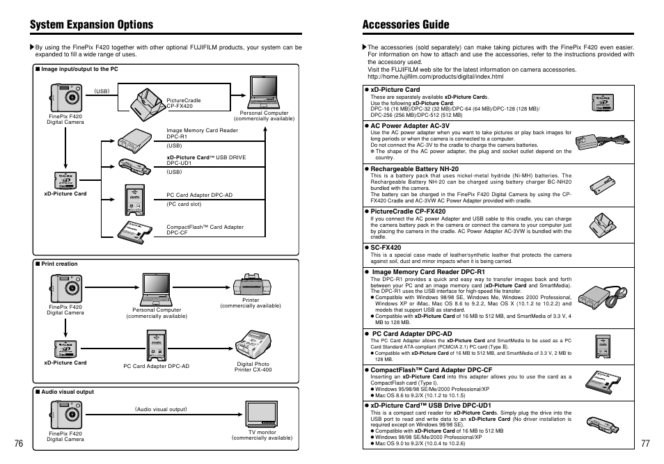 Accessories guide, System expansion options | FujiFilm FinePix 420 User Manual | Page 39 / 47