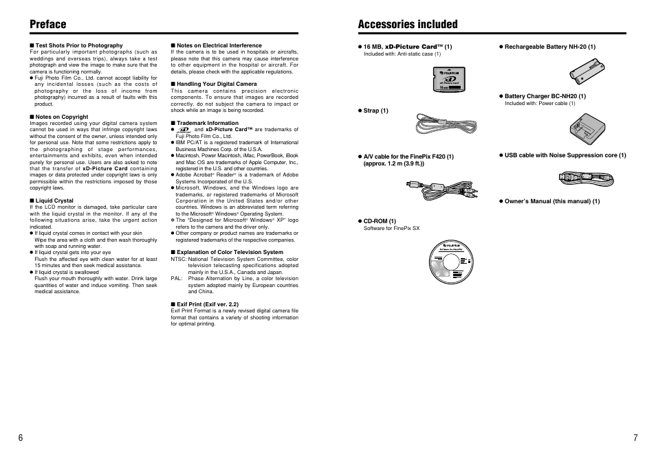 Preface, Accessories included | FujiFilm FinePix 420 User Manual | Page 4 / 47