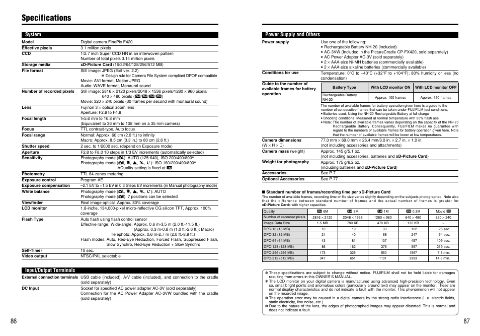 Specifications | FujiFilm FinePix 420 User Manual | Page 44 / 47