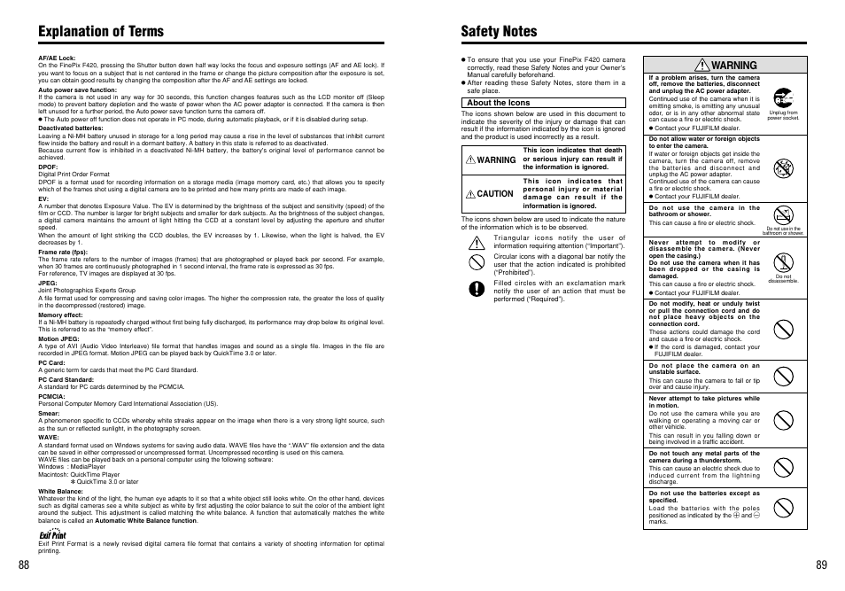 Explanation of terms, Warning | FujiFilm FinePix 420 User Manual | Page 45 / 47