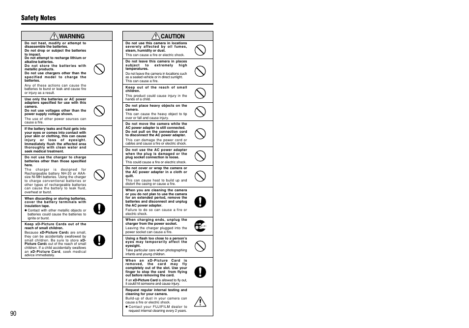 90 caution, Warning | FujiFilm FinePix 420 User Manual | Page 46 / 47