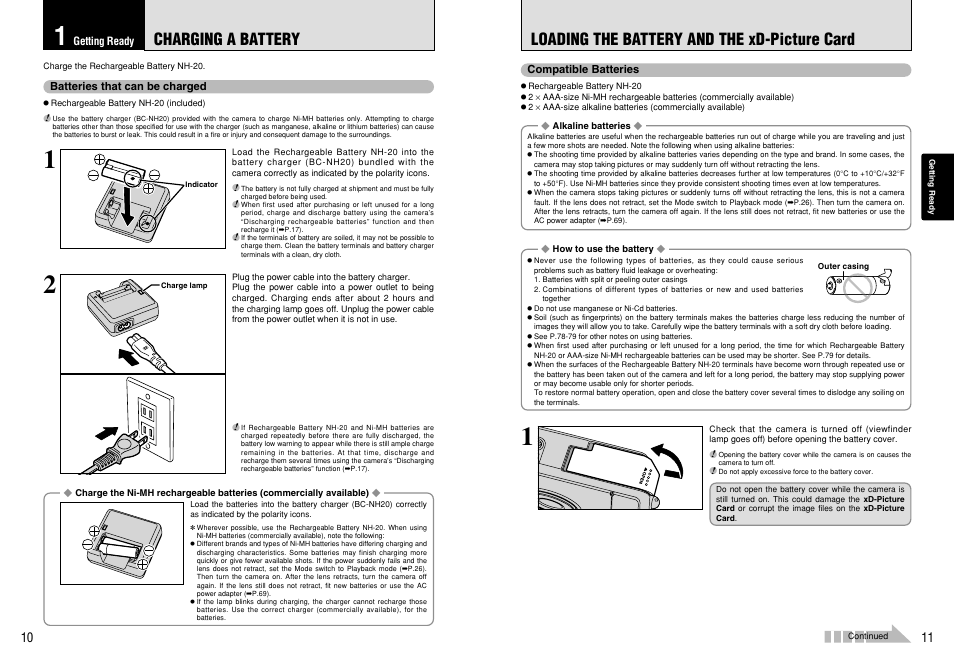 Loading the battery and the xd-picture card, Charging a battery | FujiFilm FinePix 420 User Manual | Page 6 / 47