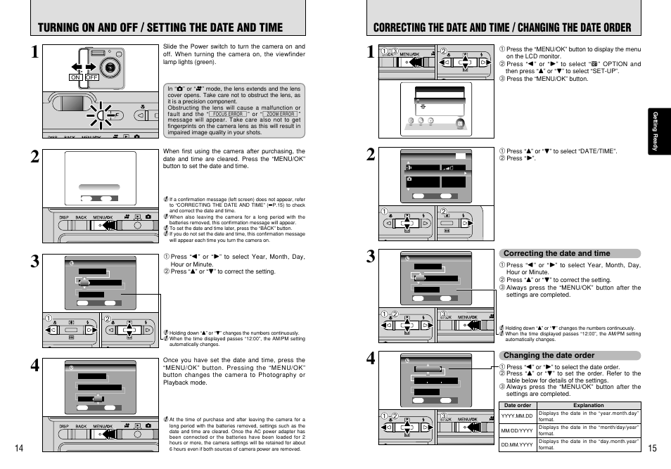 Turning on and off / setting the date and time | FujiFilm FinePix 420 User Manual | Page 8 / 47