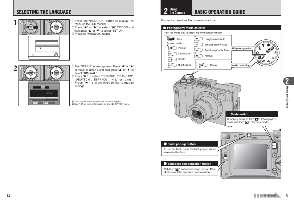 Selecting the language, Basic operation guide | FujiFilm E510 User Manual | Page 8 / 59