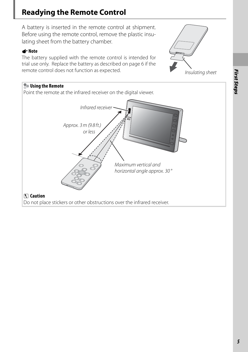 First steps, Readying the remote control | FujiFilm BL00969-200 User Manual | Page 13 / 44