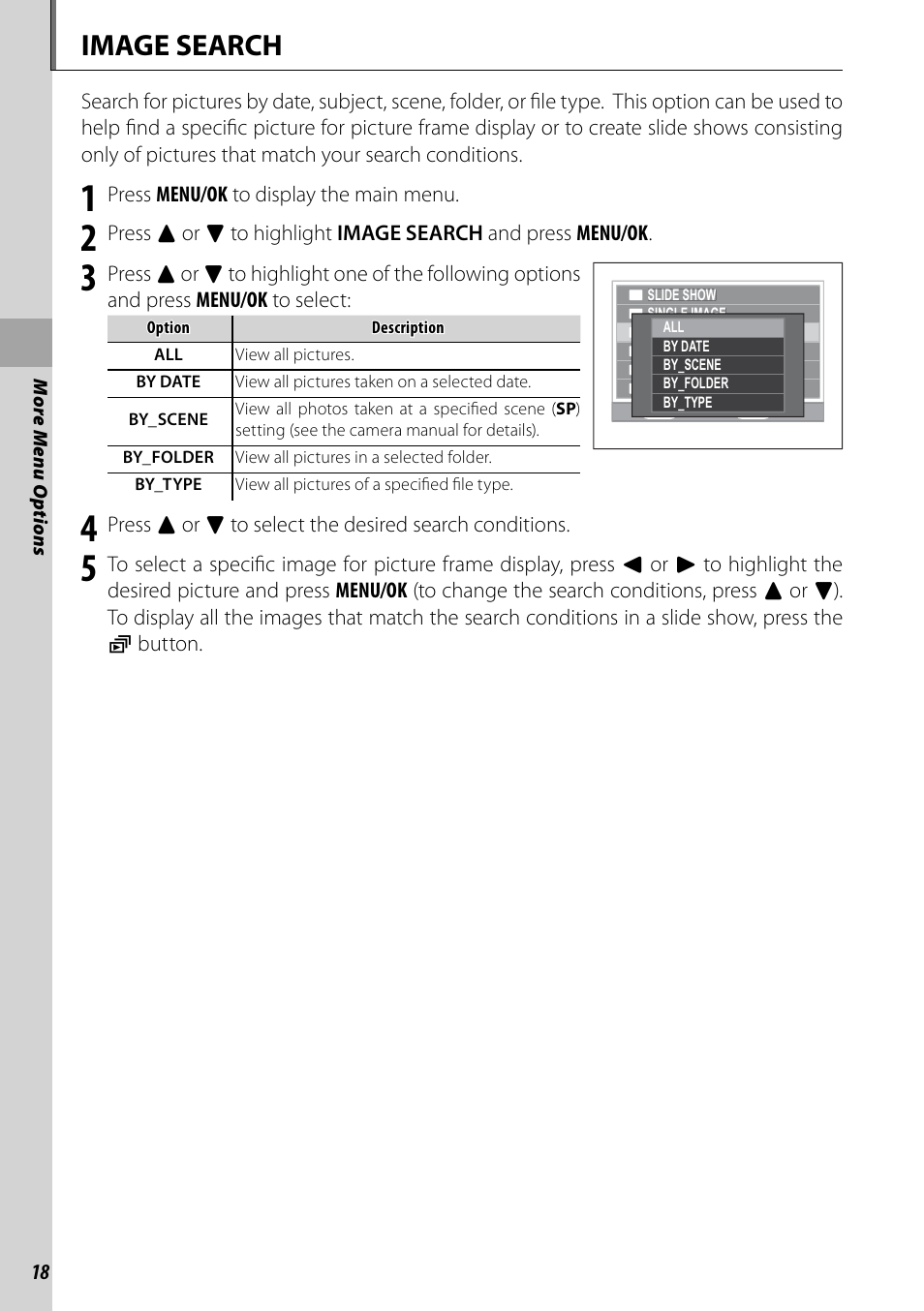 More menu options, Image search | FujiFilm BL00969-200 User Manual | Page 26 / 44