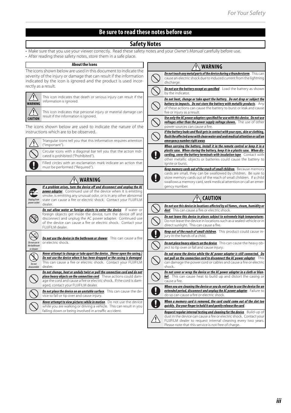 Safety notes, For your safety, Warning | Caution | FujiFilm BL00969-200 User Manual | Page 3 / 44