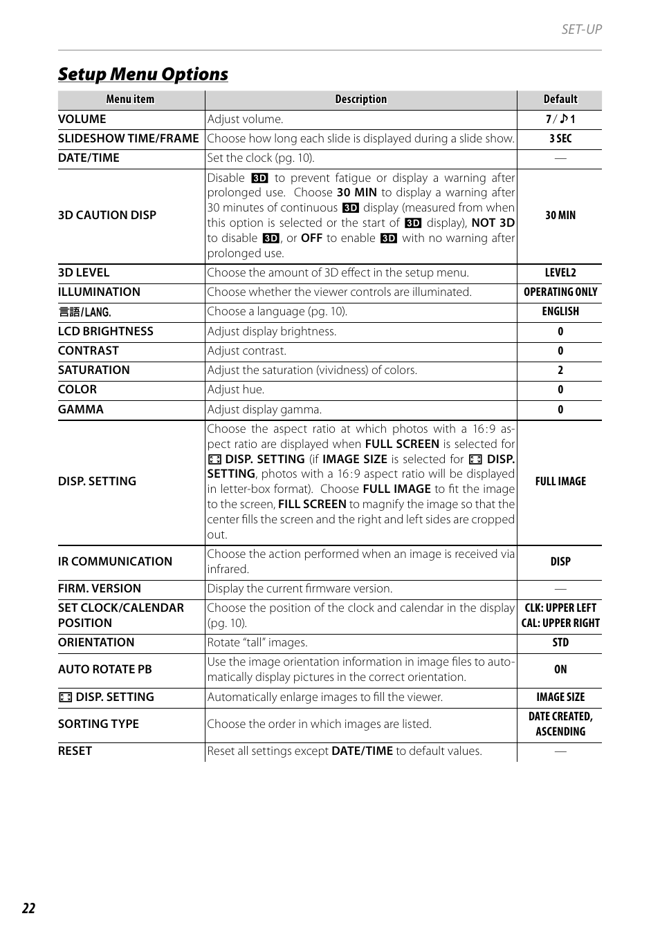 Setup menu options | FujiFilm BL00969-200 User Manual | Page 30 / 44