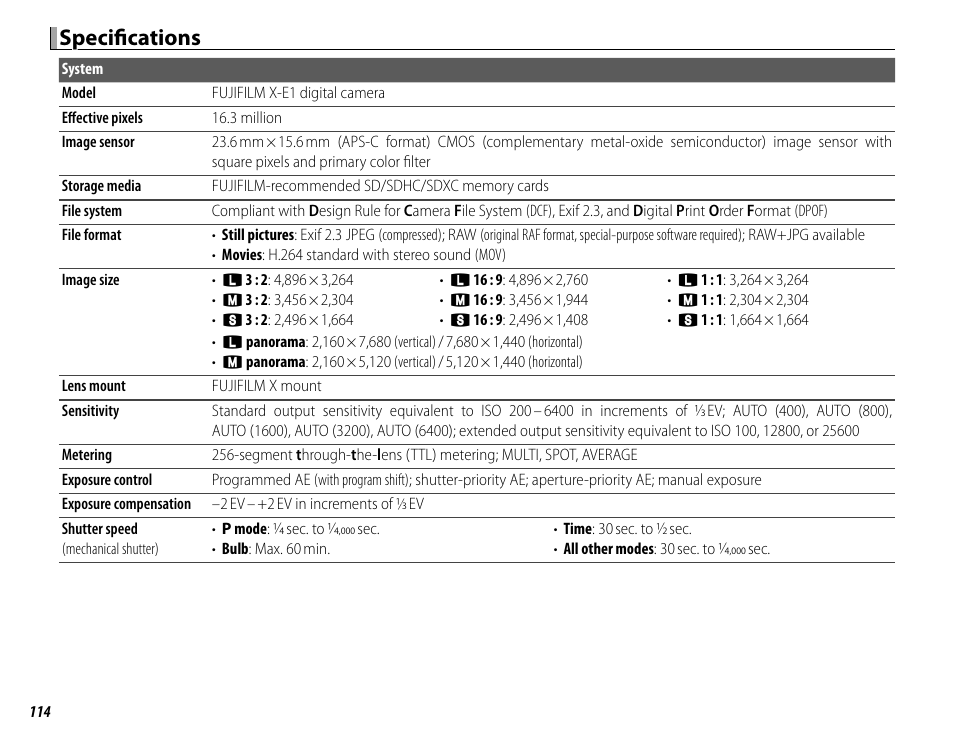 Specifi cations | FujiFilm DIGITAL CAMERA X-E1 User Manual | Page 128 / 136