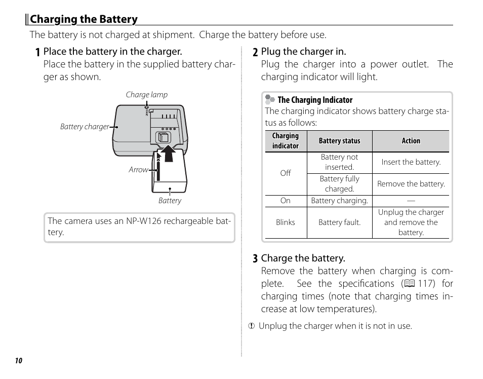 Charging the battery | FujiFilm DIGITAL CAMERA X-E1 User Manual | Page 24 / 136