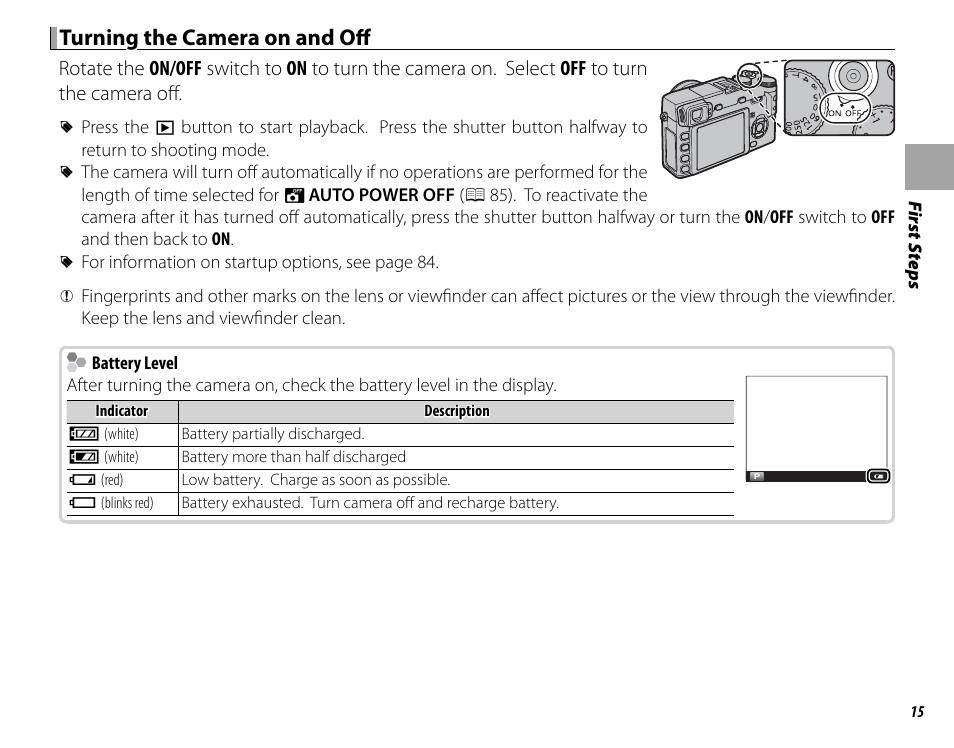 Turning the camera on and off | FujiFilm DIGITAL CAMERA X-E1 User Manual | Page 29 / 136