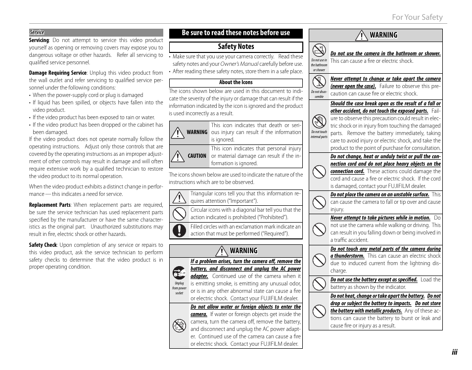 Iii for your safety, Warning warning | FujiFilm DIGITAL CAMERA X-E1 User Manual | Page 3 / 136