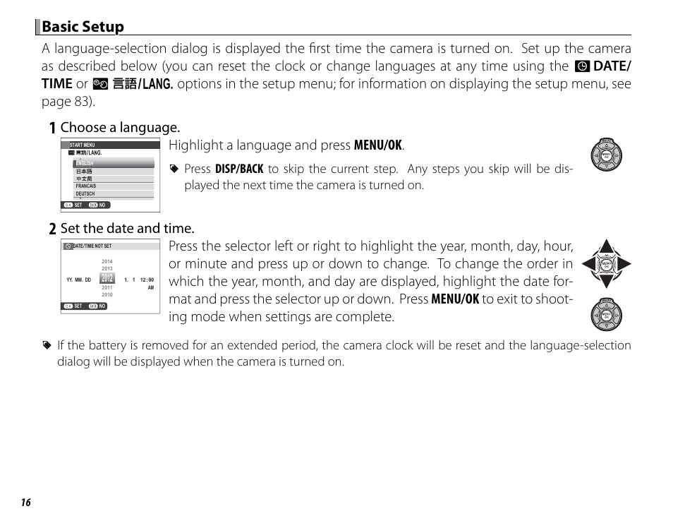Basic setup, Choose a language, Highlight a language and press menu/ok | Set the date and time | FujiFilm DIGITAL CAMERA X-E1 User Manual | Page 30 / 136