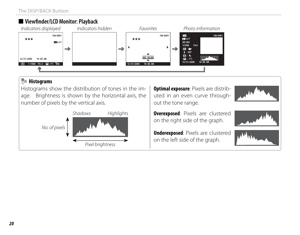 Viewfi nder/lcd monitor: playback, 20 the disp/back buttion, Shadows highlights no. of pixels pixel brightness | FujiFilm DIGITAL CAMERA X-E1 User Manual | Page 34 / 136