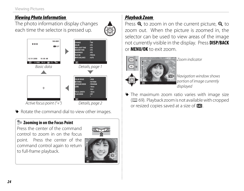 24 viewing pictures, Basic data details, page 1, Active focus point (“+”) details, page 2 | FujiFilm DIGITAL CAMERA X-E1 User Manual | Page 38 / 136