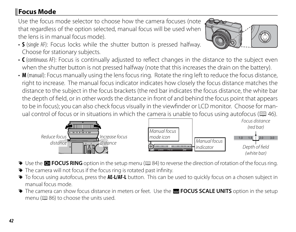 Focus mode, R use the i focus ring option in the setup menu, 86) to choose the units used | FujiFilm DIGITAL CAMERA X-E1 User Manual | Page 56 / 136