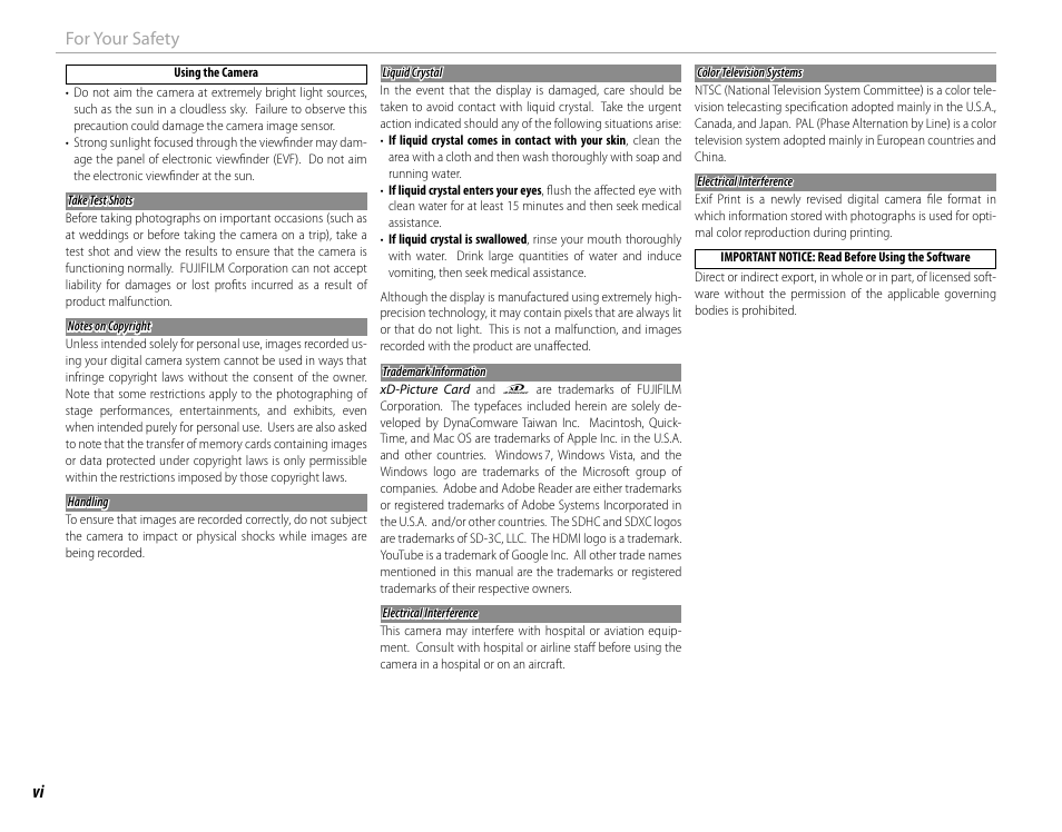 Vi for your safety | FujiFilm DIGITAL CAMERA X-E1 User Manual | Page 6 / 136