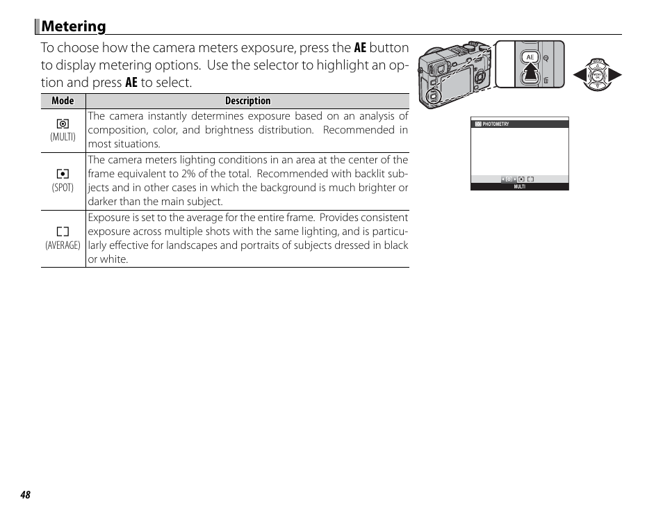 Metering | FujiFilm DIGITAL CAMERA X-E1 User Manual | Page 62 / 136