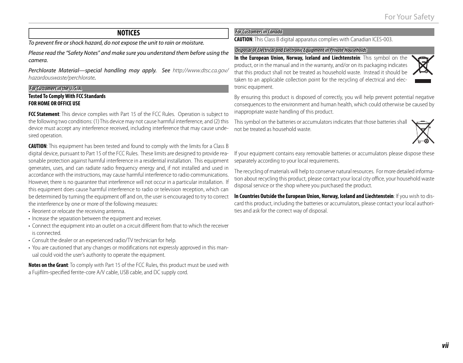 Vii for your safety notices | FujiFilm DIGITAL CAMERA X-E1 User Manual | Page 7 / 136