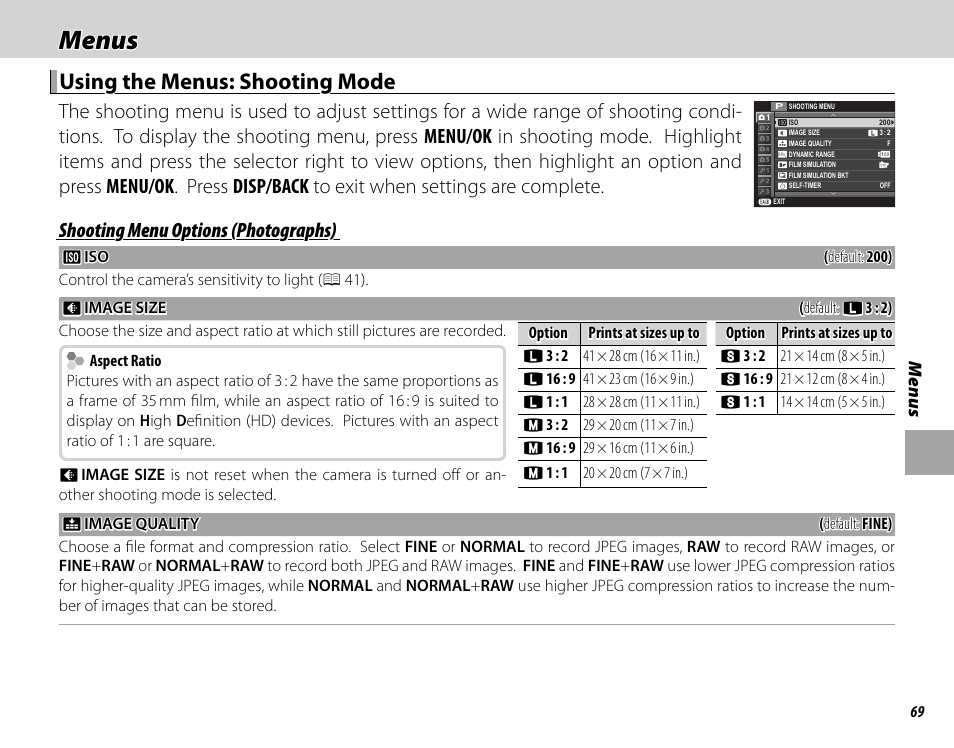 Menus, Using the menus: shooting mode, Shooting menu options (photographs) | FujiFilm DIGITAL CAMERA X-E1 User Manual | Page 83 / 136