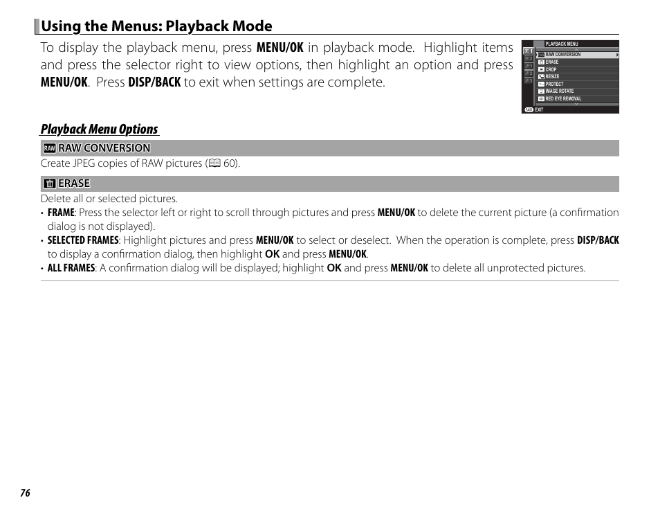 Using the menus: playback mode, Playback menu options | FujiFilm DIGITAL CAMERA X-E1 User Manual | Page 90 / 136