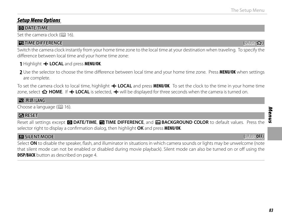 Setup menu options | FujiFilm DIGITAL CAMERA X-E1 User Manual | Page 97 / 136