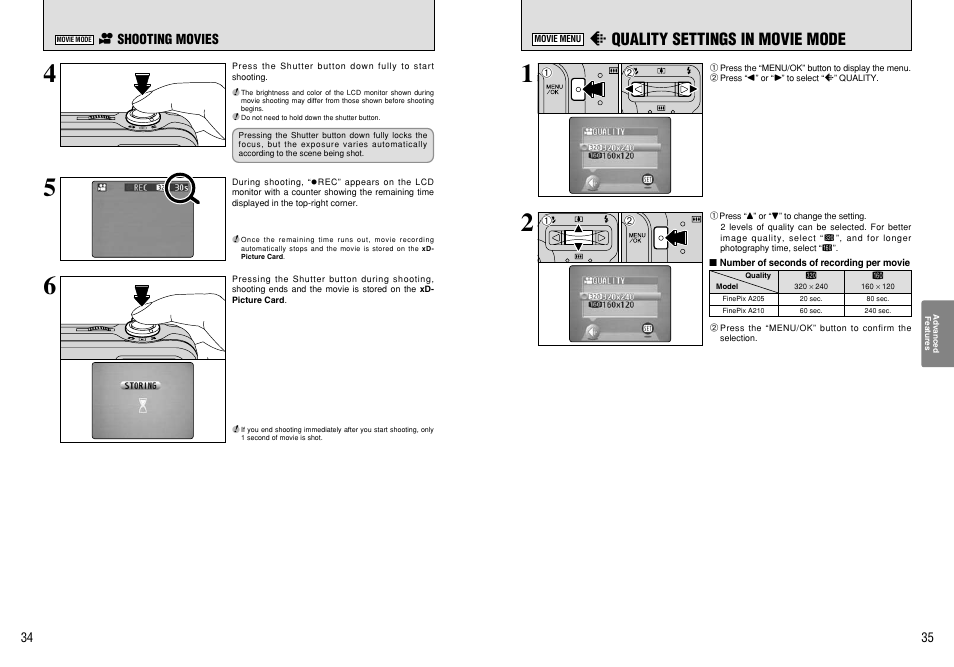 Y quality settings in movie mode | FujiFilm A210 User Manual | Page 18 / 43