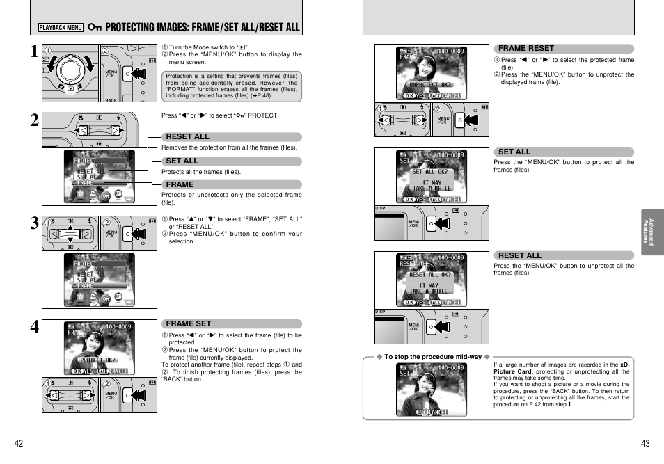 I protecting images: frame/set all/reset all | FujiFilm A210 User Manual | Page 22 / 43