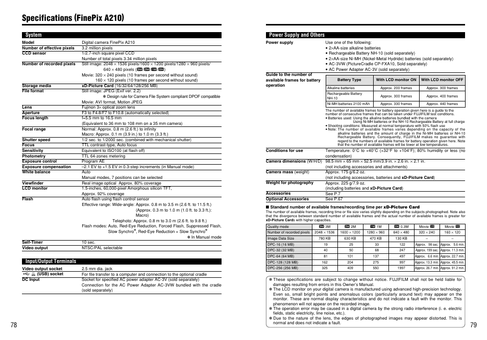 Specifications (finepix a210) | FujiFilm A210 User Manual | Page 40 / 43