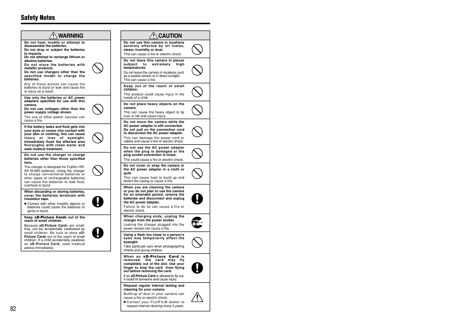 82 caution, Warning | FujiFilm A210 User Manual | Page 42 / 43