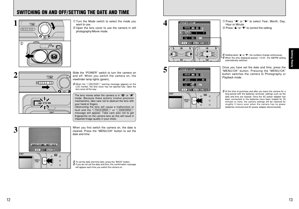 Switching on and off/ setting the date and time | FujiFilm A210 User Manual | Page 7 / 43