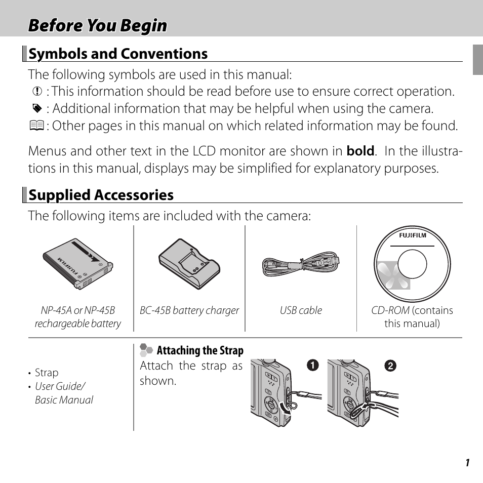 Before you begin, Symbols and conventions, Supplied accessories | FujiFilm FINEPIX  JZ200 series User Manual | Page 15 / 114