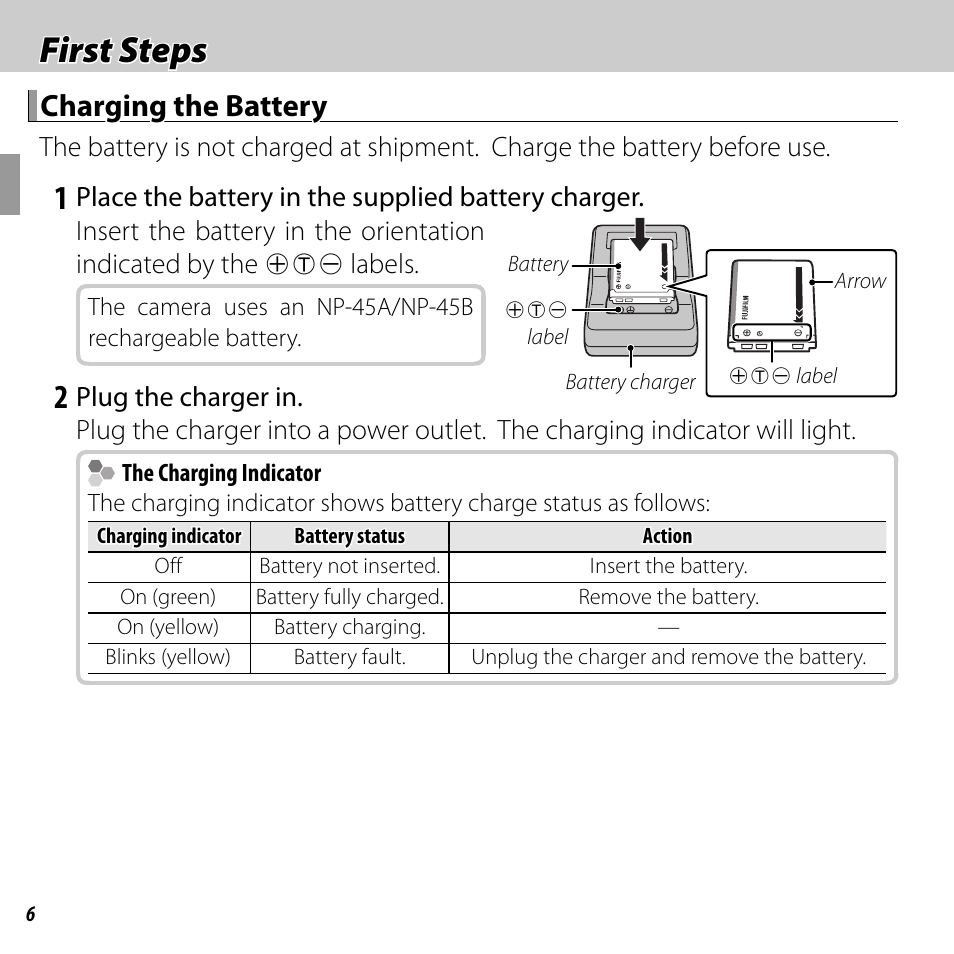 First steps, Charging the battery | FujiFilm FINEPIX  JZ200 series User Manual | Page 20 / 114