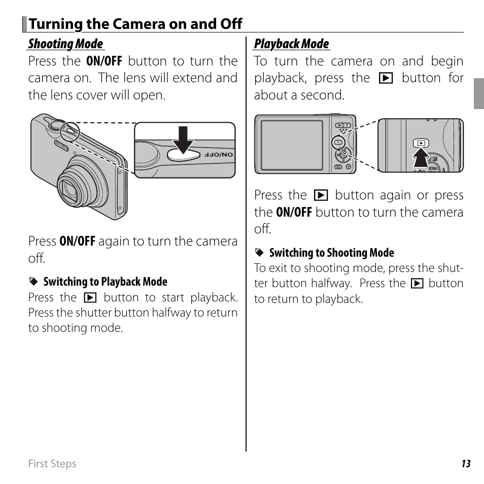 Turning the camera on and off | FujiFilm FINEPIX  JZ200 series User Manual | Page 27 / 114