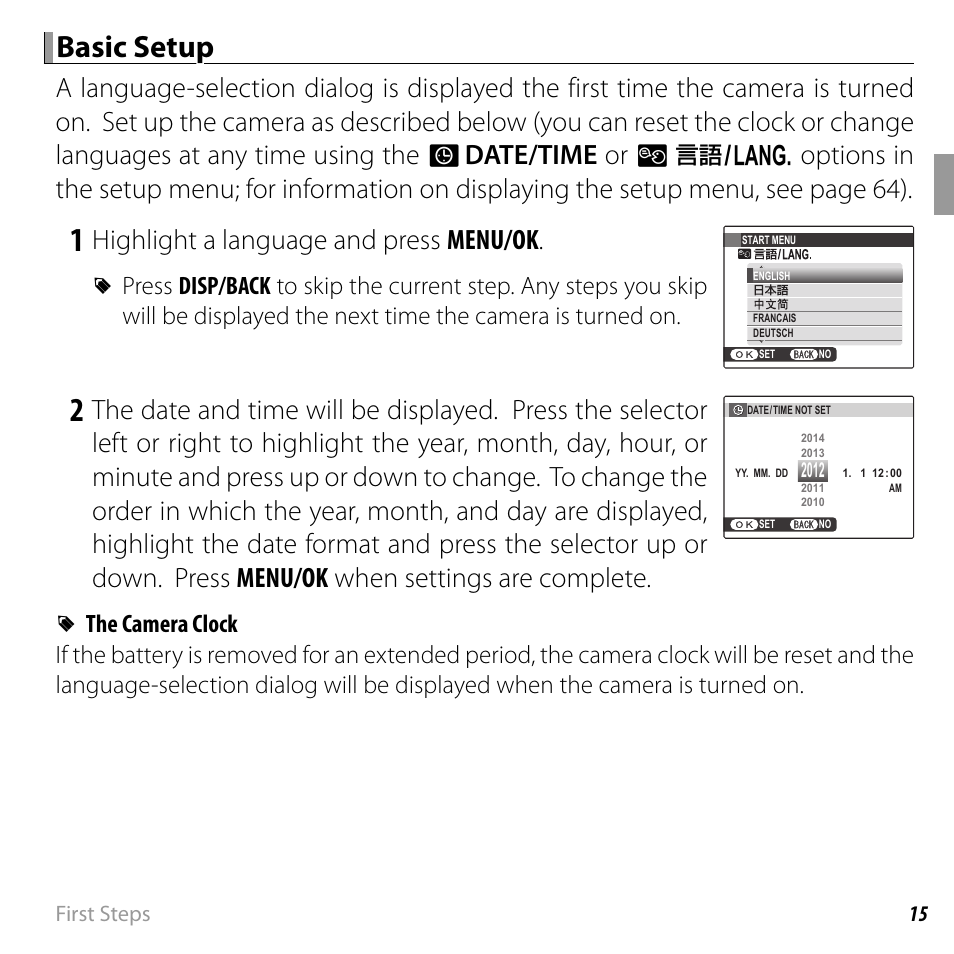 Basic setup, Highlight a language and press menu/ok | FujiFilm FINEPIX  JZ200 series User Manual | Page 29 / 114