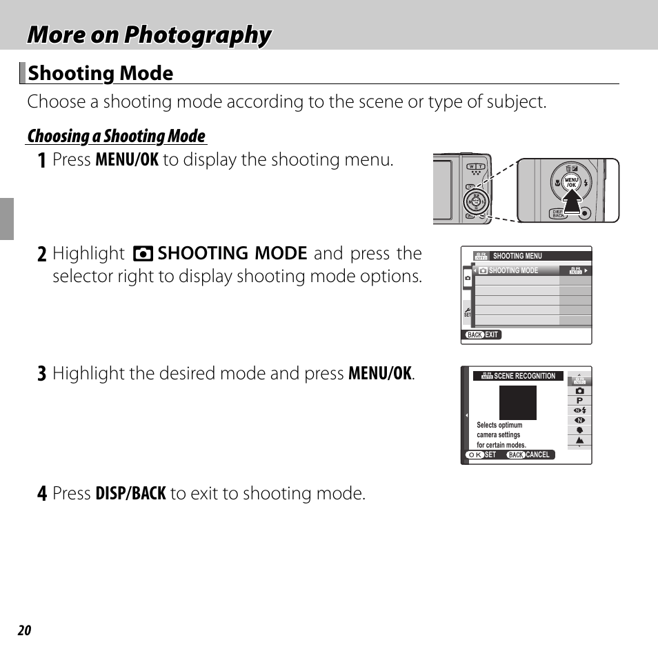 More on photography, Shooting mode, Press menu/ok to display the shooting menu | Highlight the desired mode and press menu/ok, Press disp/back to exit to shooting mode | FujiFilm FINEPIX  JZ200 series User Manual | Page 34 / 114