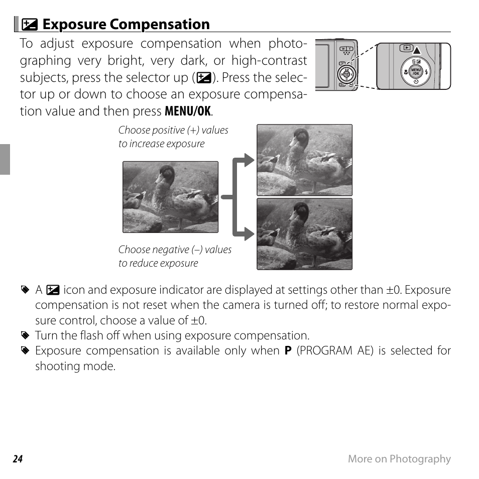 D d exposure compensation exposure compensation | FujiFilm FINEPIX  JZ200 series User Manual | Page 38 / 114