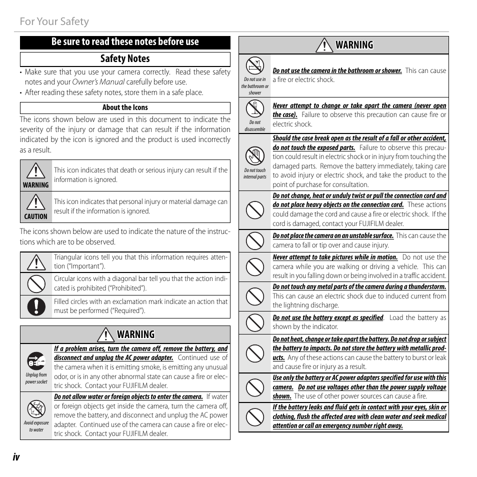 Warning warning | FujiFilm FINEPIX  JZ200 series User Manual | Page 4 / 114