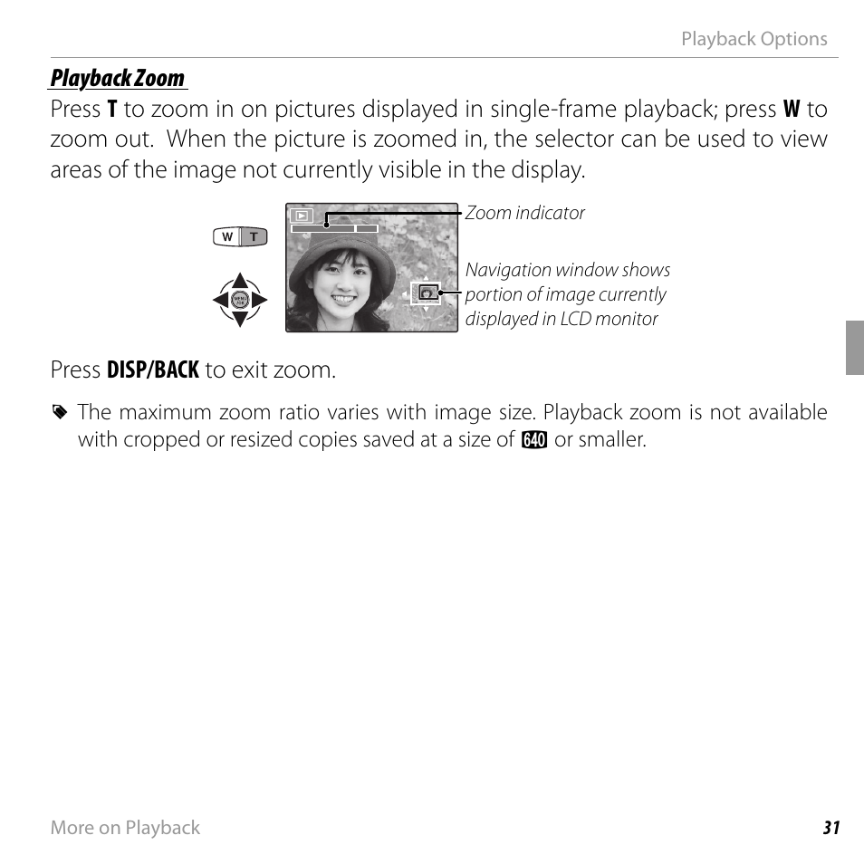 Press disp/back to exit zoom | FujiFilm FINEPIX  JZ200 series User Manual | Page 45 / 114