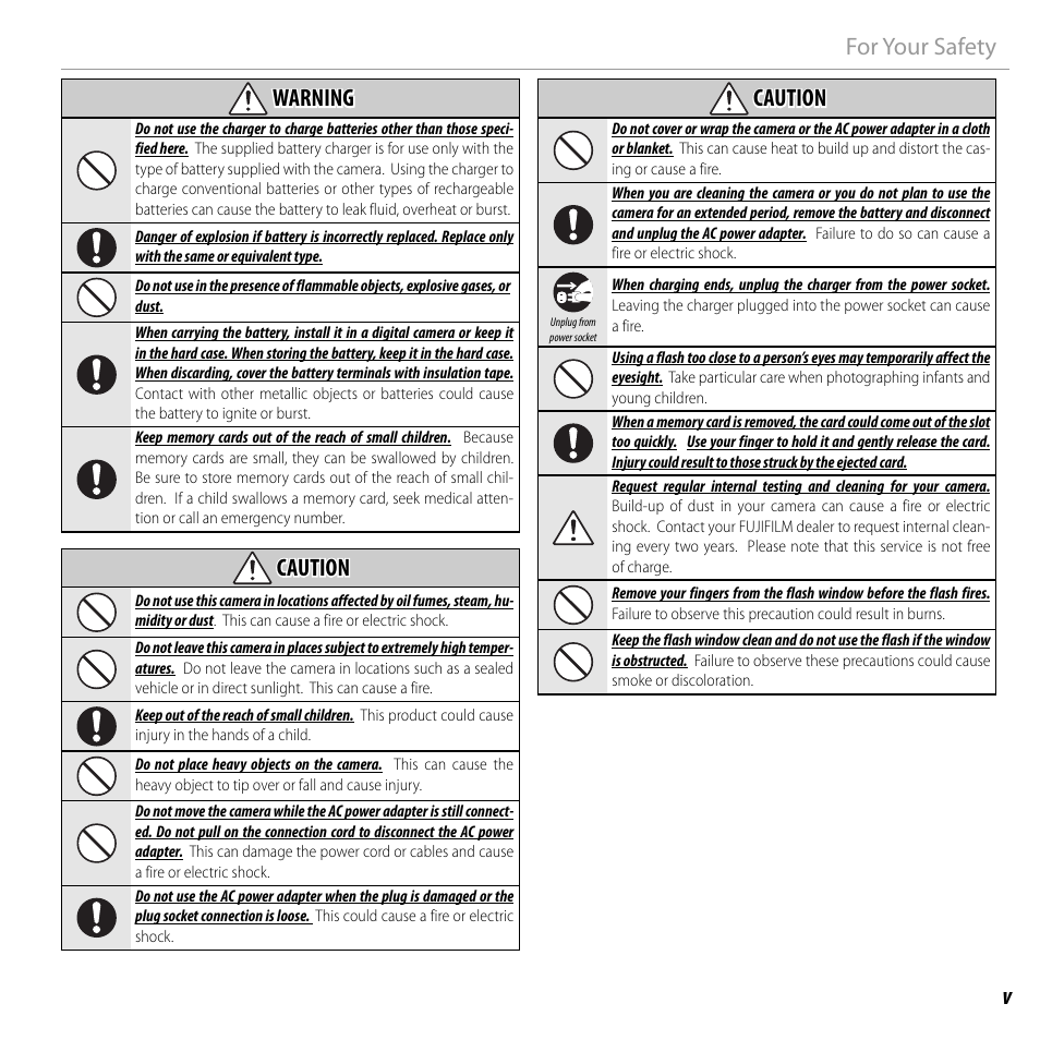 Vfor your safety warning warning, Caution caution | FujiFilm FINEPIX  JZ200 series User Manual | Page 5 / 114