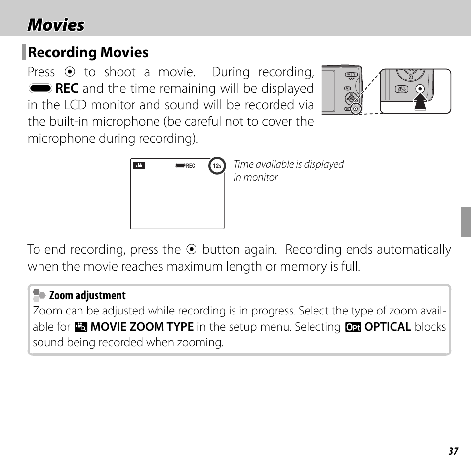 Movies, Recording movies | FujiFilm FINEPIX  JZ200 series User Manual | Page 51 / 114